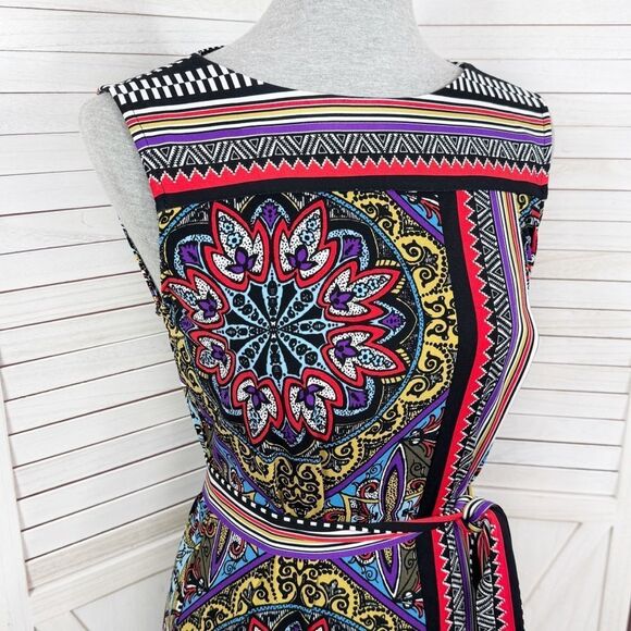 Premise Mosaic Multi Print Faux Wrap Belted Sleeveless Dress Multicolor Small - Picture 5 of 12